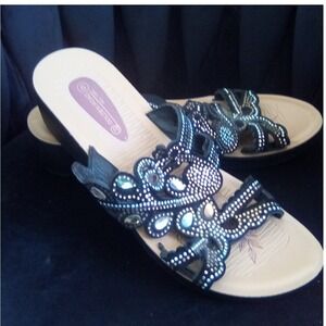 Golden Road New York Womens Black Rhinestone Gemstone Platform Wedge Sandals 9